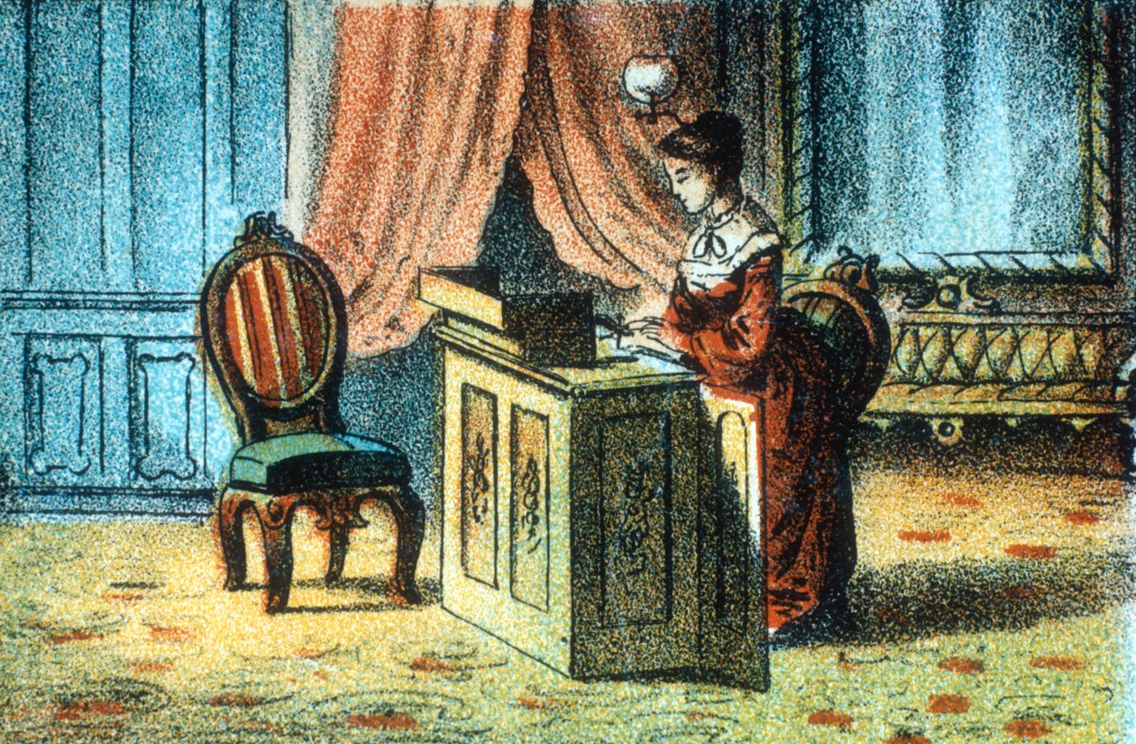 Žena používající šicí stroj patentovaný Eliasem Howem [c1878] od Unbekannt