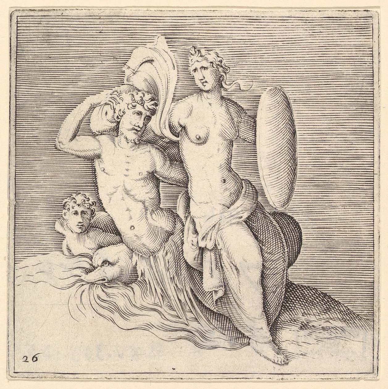 Žena se štítem sedící na Seamonster, publikoval ca. 1599-1622. od Unbekannt