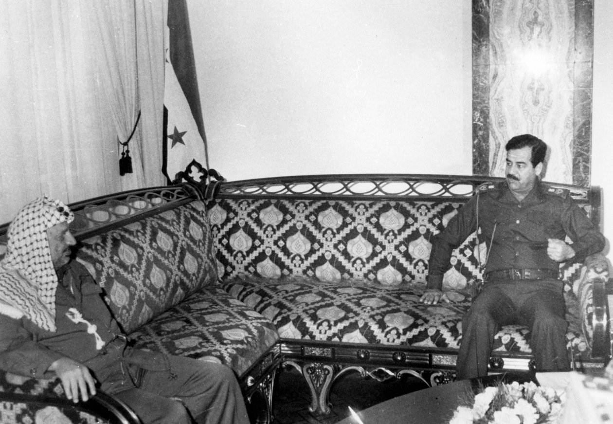 Jásir Arafat a Saddám Husajn, Irák, 1987 od Unbekannt