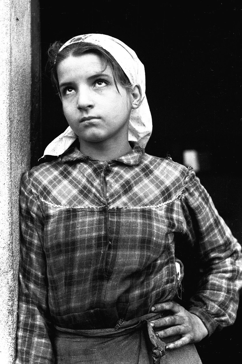 Mladá dívka pracující jako sběračka oliv v Kalábrii, Itálie, kolem roku 1955 (černobílá fotografie) od Unbekannt