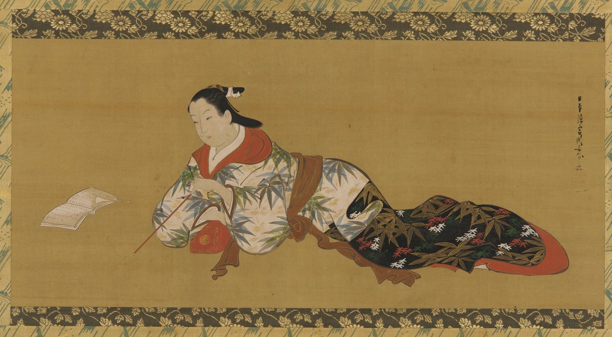Yujo ležící a čtení hudební partitury, období Edo, 1615-1868. od Unbekannt