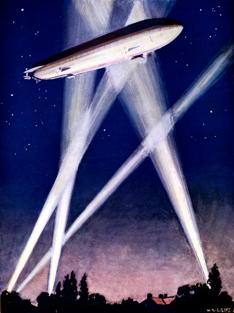 Vzducholoď Zeppelin zachycená ve světlometech během náletu na Anglii v roce 1916 od Unbekannt