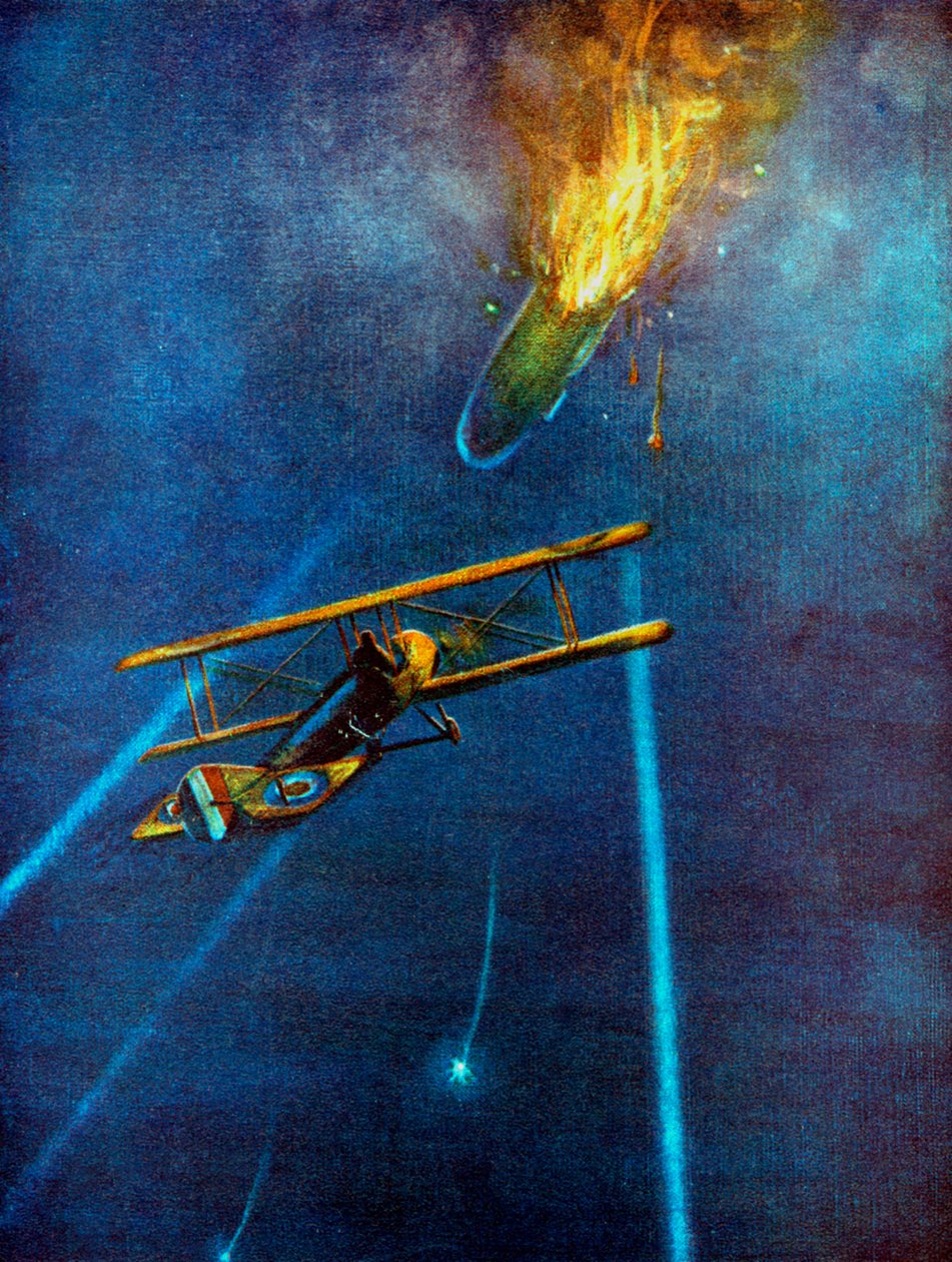 Vzducholoď Zeppelin sestřelena v Cuffley, poblíž Enfieldu, během náletu na Londýn, 1916 od Unbekannt
