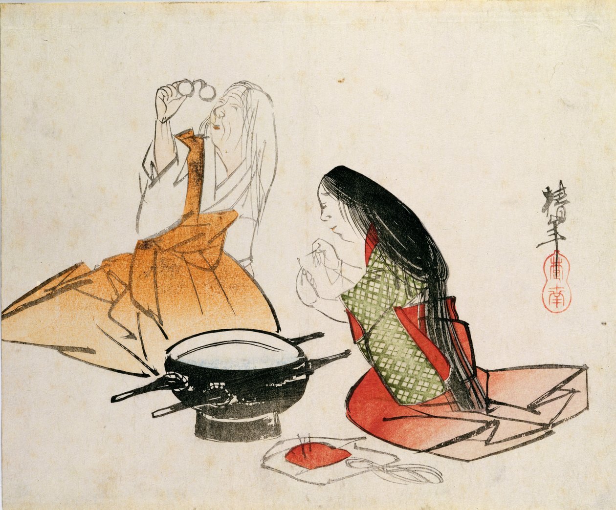 Mladá žena navlékající jehlu od Chinnen (1792- 1851), hospoda. c.1830, (velikost chuban, barevný dřevořez) od Unbekannt Unbekannt