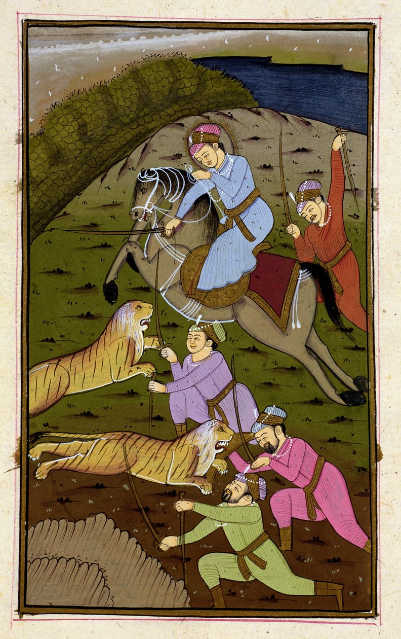 Akbar na lovu tygra z Akbarnama, Mughal, kolem roku 1590, (ilustrovaný text) od Unbekannt Unbekannt