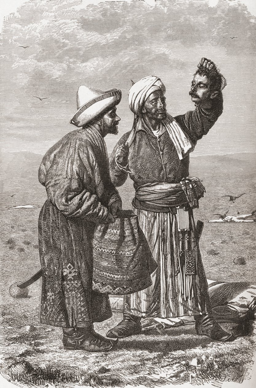 Afghánský voják držící uťatou hlavu svého nepřítele, ilustrace z knihy "Svět v rukou", rytina Gaucharda a Charlese Barbanta (zemř. 1922), vydáno 1878. od Unbekannt Unbekannt