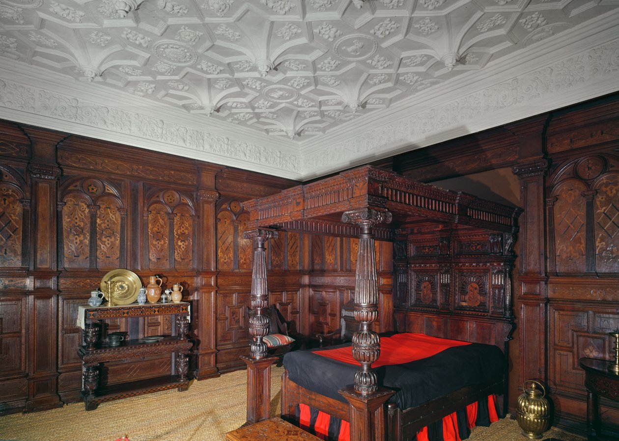 Postel s intarzovanou výzdobou, 1593, z hradu Corbet, Shrewsbury, obložení z hradu Sizergh, Cumbria od Unbekannt Unbekannt