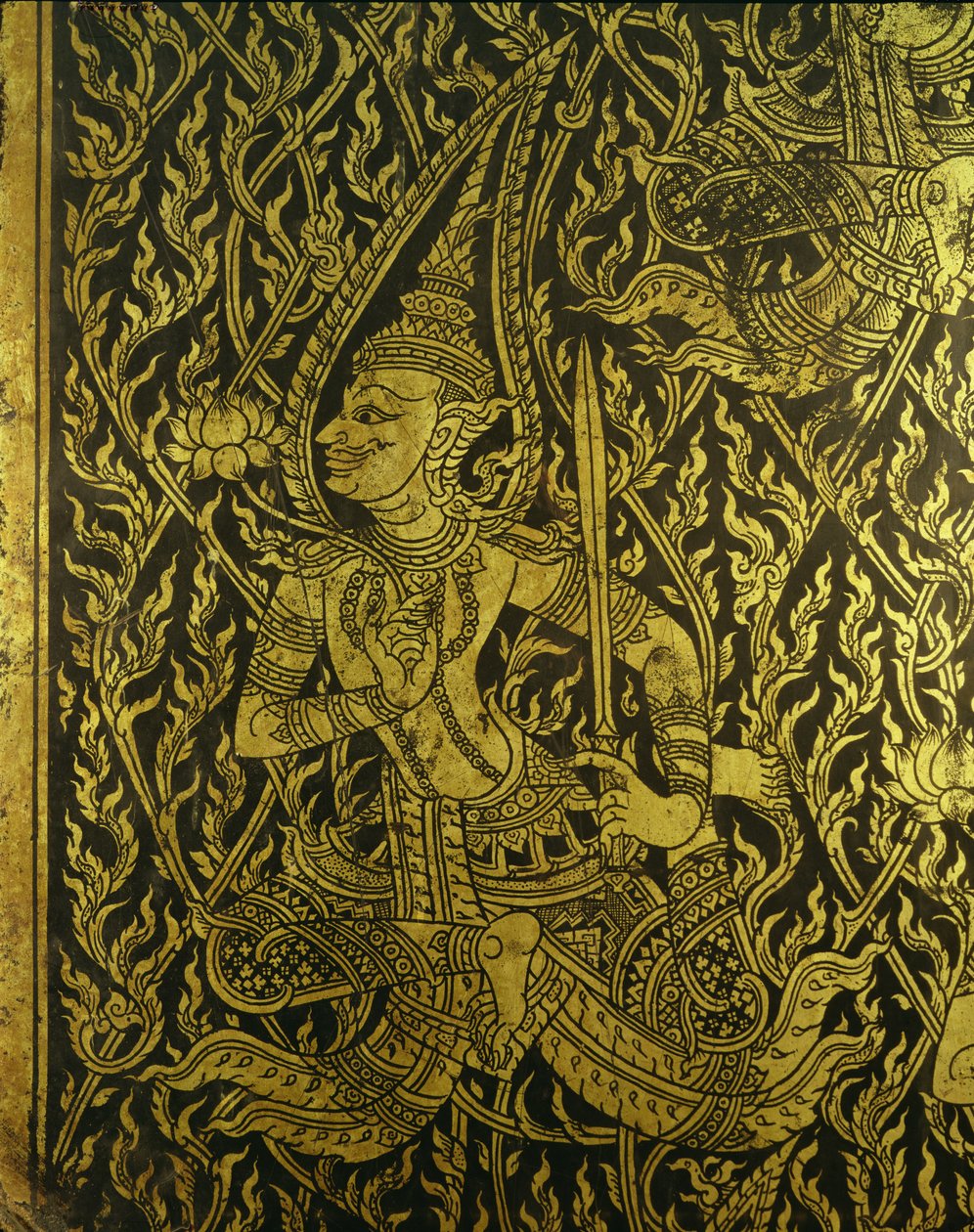 Detail z thajské skříně, ebonizované dřevo vykládané mosazí od Unbekannt Unbekannt