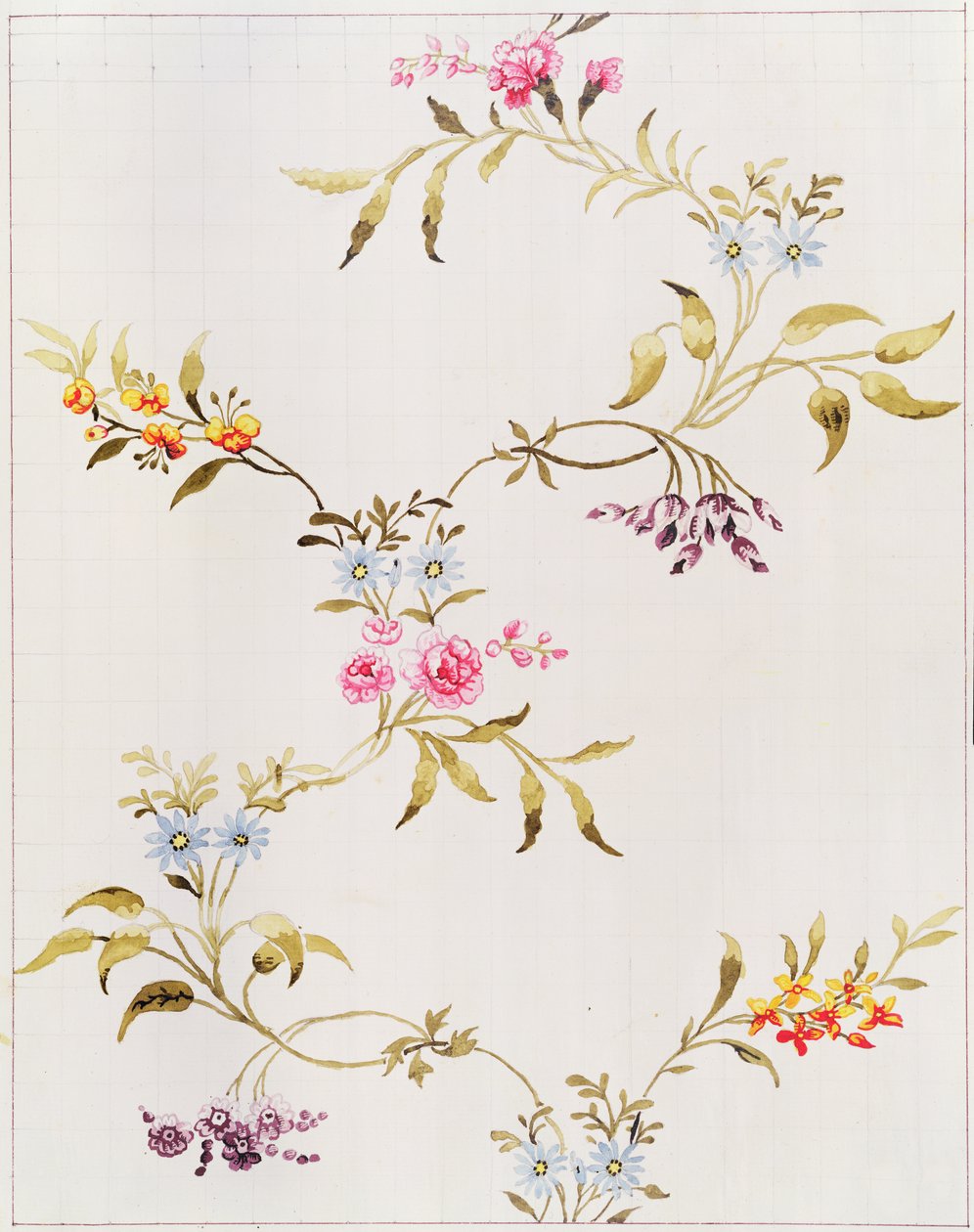 Květinový design karafiátů a růží pro hedvábný materiál, který se má utkat ve Spitalfields, od Anny Marie Garthwaite (1690-1763), 1744 (wc na papíře, čtverečky pro přenos) od Unbekannt Unbekannt