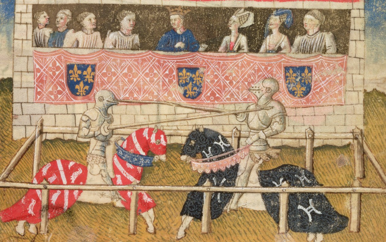 John Chalon z Anglie a Lois de Beul z Francie při turnajích, z Royal Armory Manuscript, 1448 od Unbekannt Unbekannt