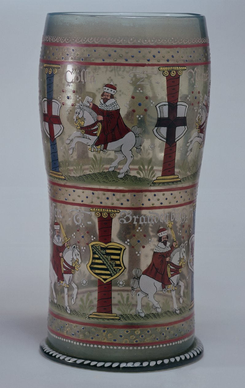Kurfuerstenhumpen (německé volební sklo) smaltované výjevy císaře a sedmi kurfiřtů jedoucích na bílých koních, Čech, 1625 od Unbekannt Unbekannt