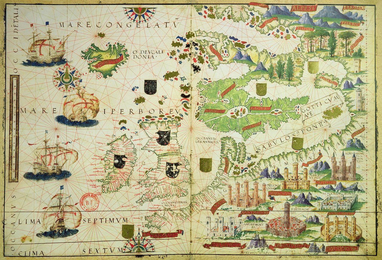 Mapa Evropy z faksimile „Millerova atlasu“ od Pedra a Jorge Reinela a Lopa Homema z roku 1519 od Unbekannt Unbekannt