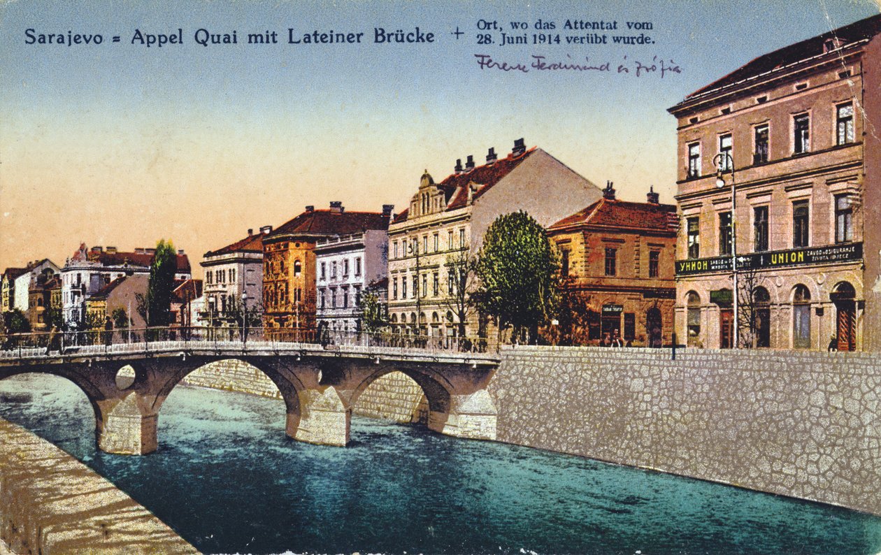 Pohlednice zobrazující Sarajevo, Appel Quay a Lateinerův most, místo zavraždění arcivévody Franze-Ferdinanda a jeho manželky Sophie dne 28. června 1914, c. 1920 od Unbekannt Unbekannt