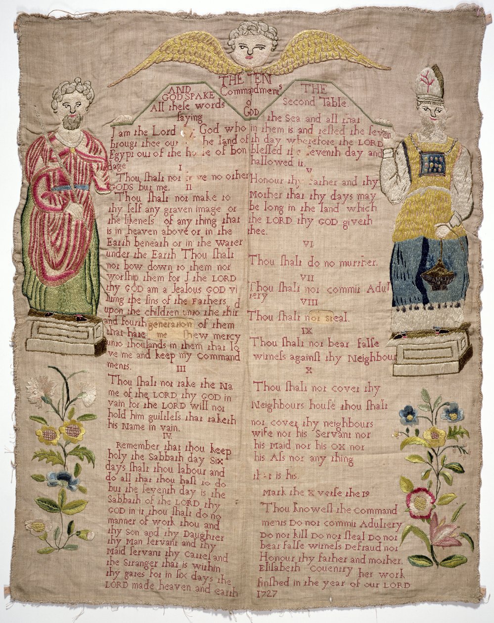 Vzorník, zobrazující Desatero, od Elizabeth Coventry, angličtina, 1727 (barevné hedvábí na plátně) od Unbekannt Unbekannt
