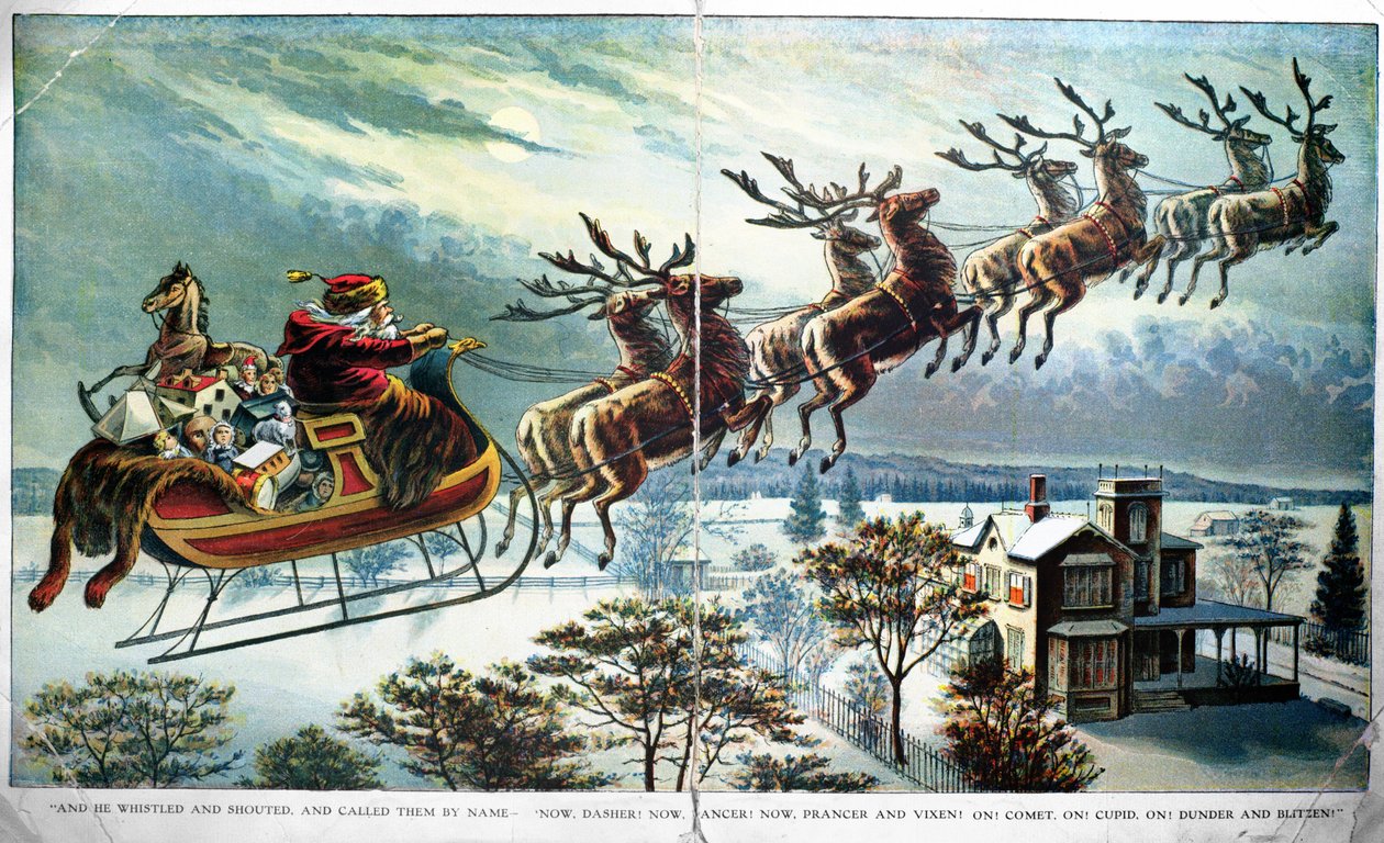 Santas First Outing se saněmi a soby, ilustrace k Návštěvě svatého Mikuláše, Clement Clarke Moore (1779-1863) 90. léta 19. století od Unbekannt Unbekannt