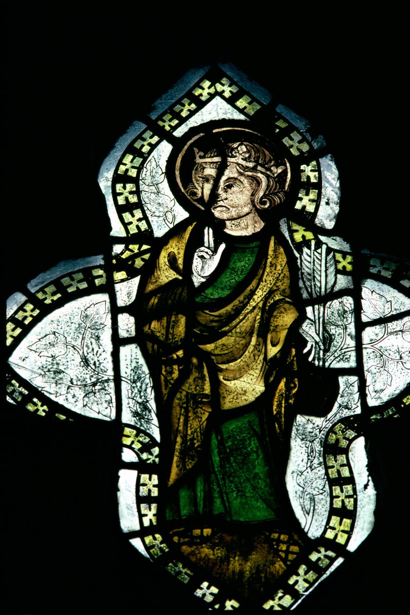 St.Edmund, korunovaný a hbitý, nesoucí šípy své mučednické smrti, barevné sklo ze 14. století od Unbekannt Unbekannt
