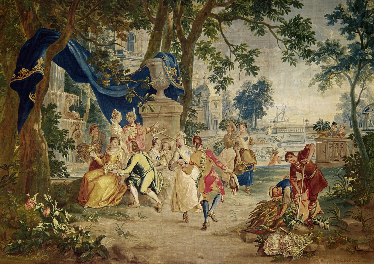 Vesnice Fete podle D. Tenierse, tkaná LeClercem a J. van der Borgem, konec 17. století, krajinná scenérie pravděpodobně navržená Lucasem Achtschellingem od Unbekannt Unbekannt