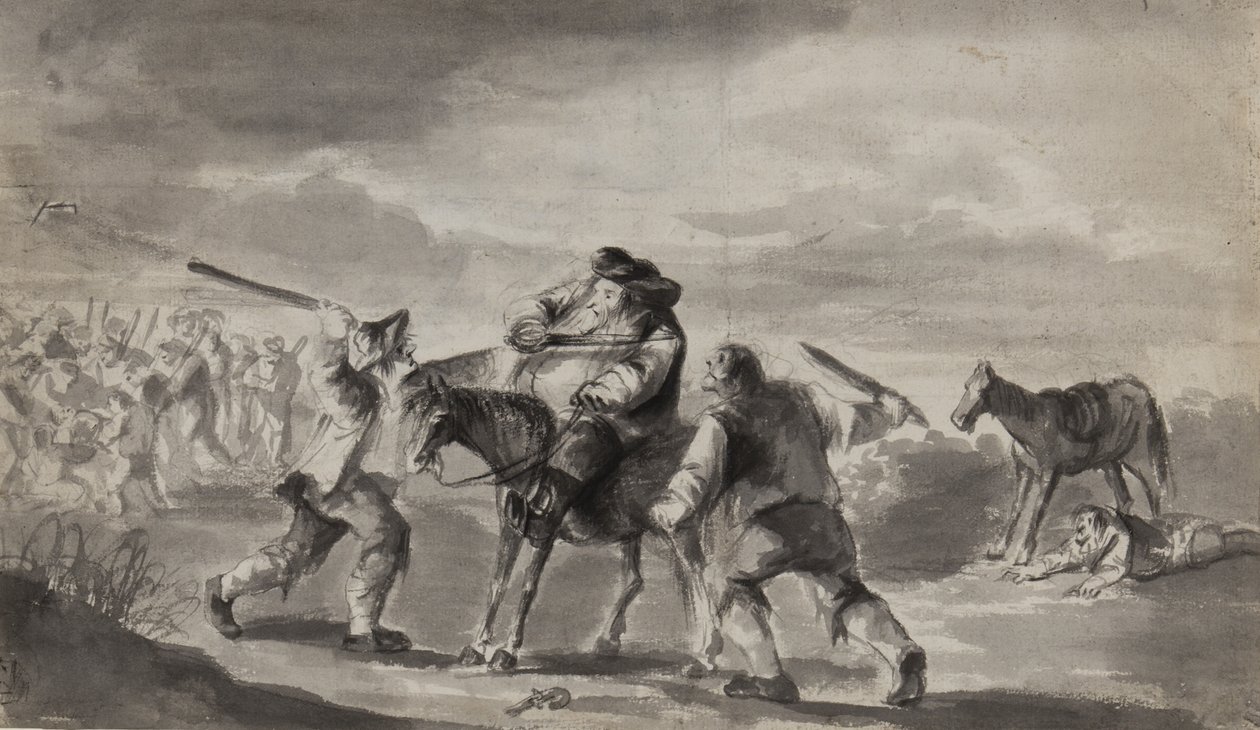 Přepadení cestovatele, možná Samuel Butler’s Hudibras, kolem roku 1790 (pero, štětec a inkoust na papíře) od Unbekannt Unbekannt