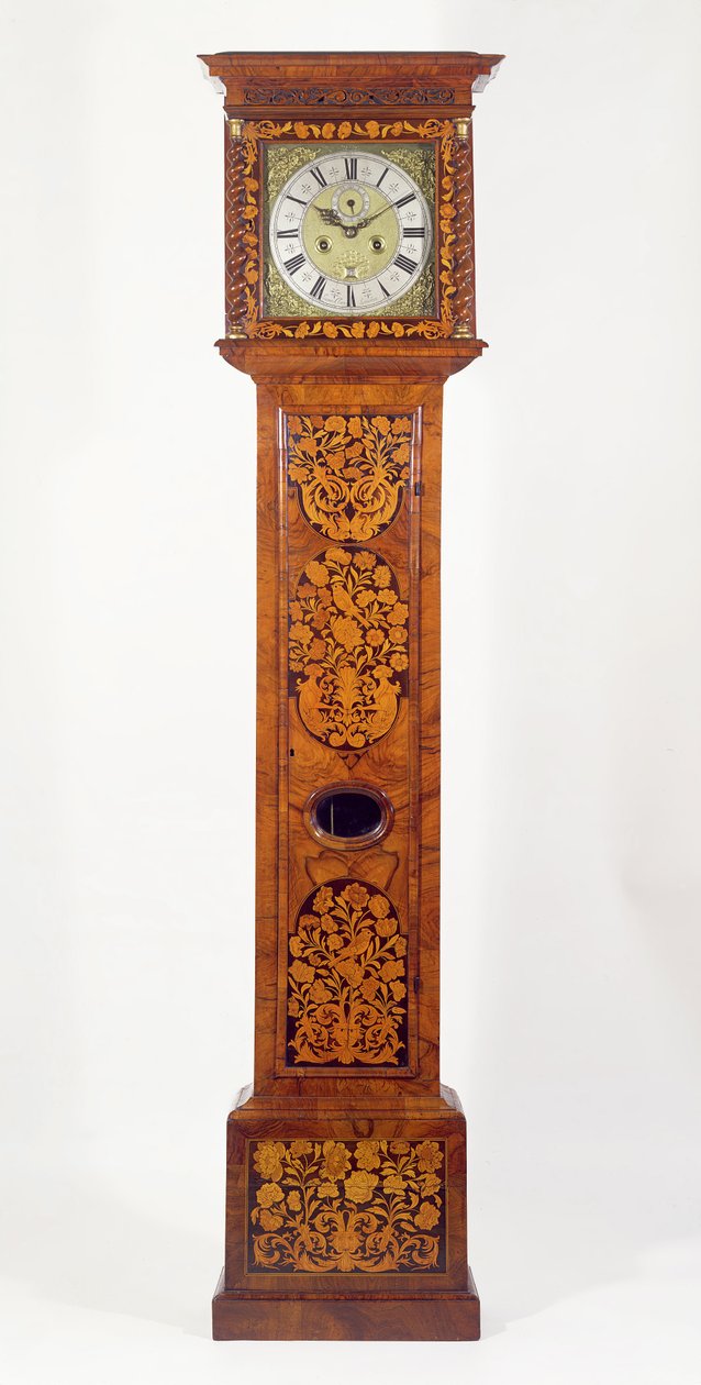 Ořechové intarzivní hodiny s dlouhým pouzdrem, James Clowes (fl.1671-89) od Unbekannt Unbekannt