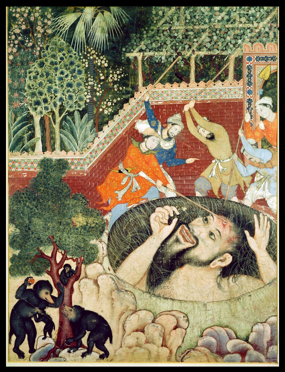 Zumrud Shah spadne do jámy a je zbit zahradníky, z Hamzanama (Kniha Hamza), z Indie nebo Pákistánu, kolem 1562-77 (neprůhledné wc na bavlně) od Unbekannt Unbekannt