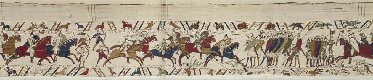 Normanská kavalérie útočí na anglickou štítovou zeď a je spojena bitva, Bayeux Tapestry od Unbekannt Unbekannt