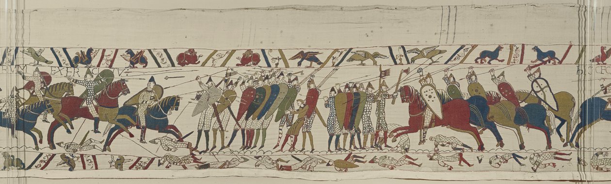 Normanská kavalérie útočí na anglickou štítovou zeď a je spojena bitva, Bayeux Tapestry od Unbekannt Unbekannt