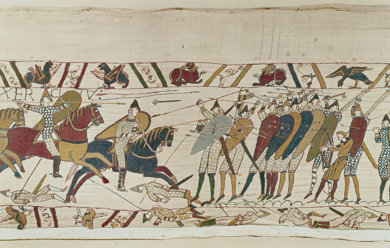 Bitva se připojuje, když normanská kavalérie útočí na anglickou štítovou zeď, Bayeux Tapestry od Unbekannt Unbekannt