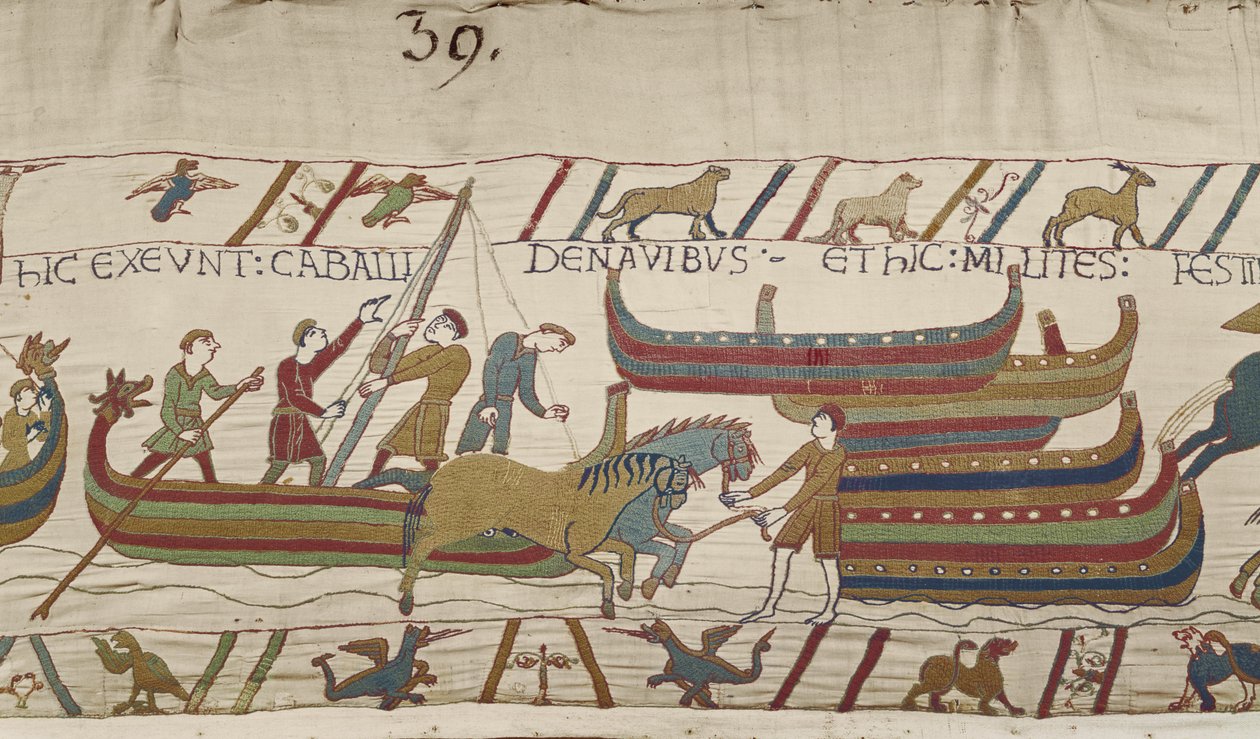 Vykládání koní z normanských lodí, Bayeux Tapestry od Unbekannt Unbekannt