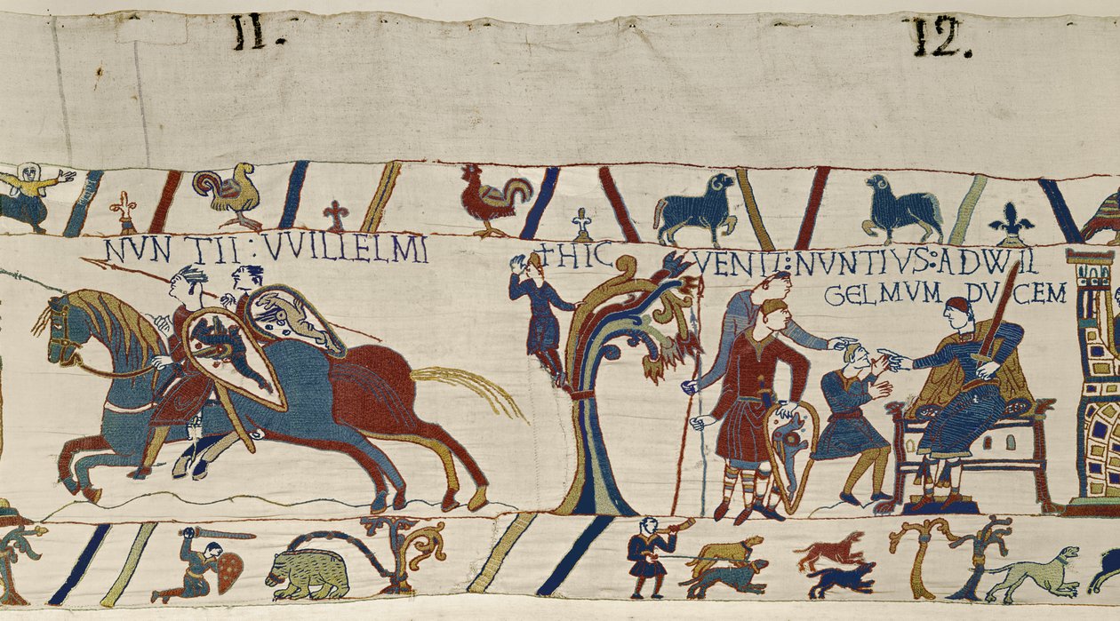 Ozbrojení jezdci od vévody Williama přijíždějí, aby doprovodili Harolda k němu, Bayeux Tapestry od Unbekannt Unbekannt