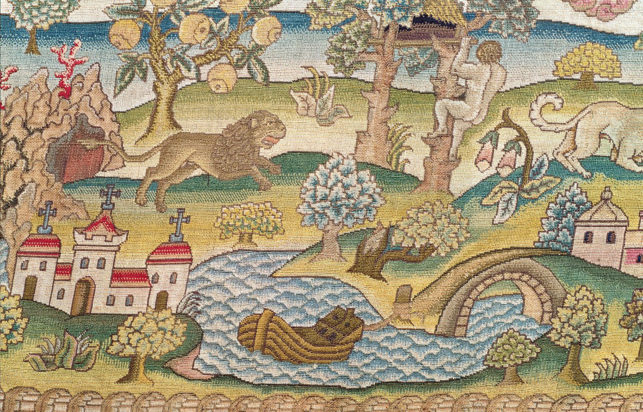 Bradford Table Carpet, detail lva honícího muže na strom, angličtina, konec 16. století od Unbekannt Unbekannt