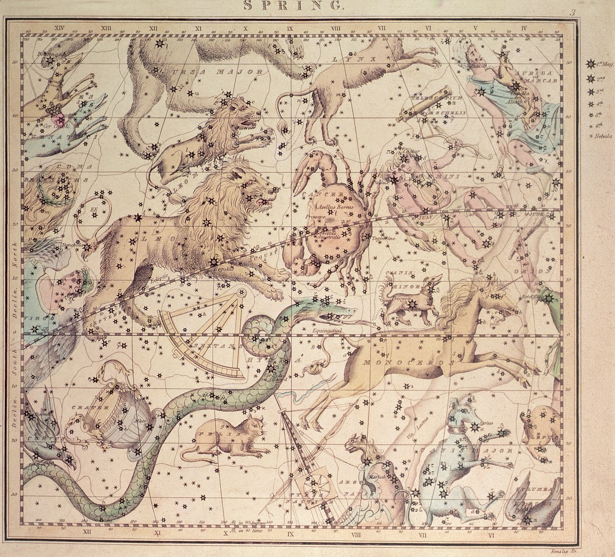 Nebeská mapa: Jaro, ukazující znamení zvěrokruhu, astrologické nástroje a pozice hvězd, vyryl John Emslie od Unbekannt Unbekannt