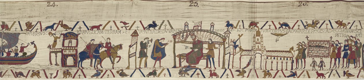 Earl Harold se vrací do Anglie a navštěvuje krále Edwarda Vyznavače, jehož tělo je neseno do kostela svatého Petra, Bayeux Tapestry od Unbekannt Unbekannt