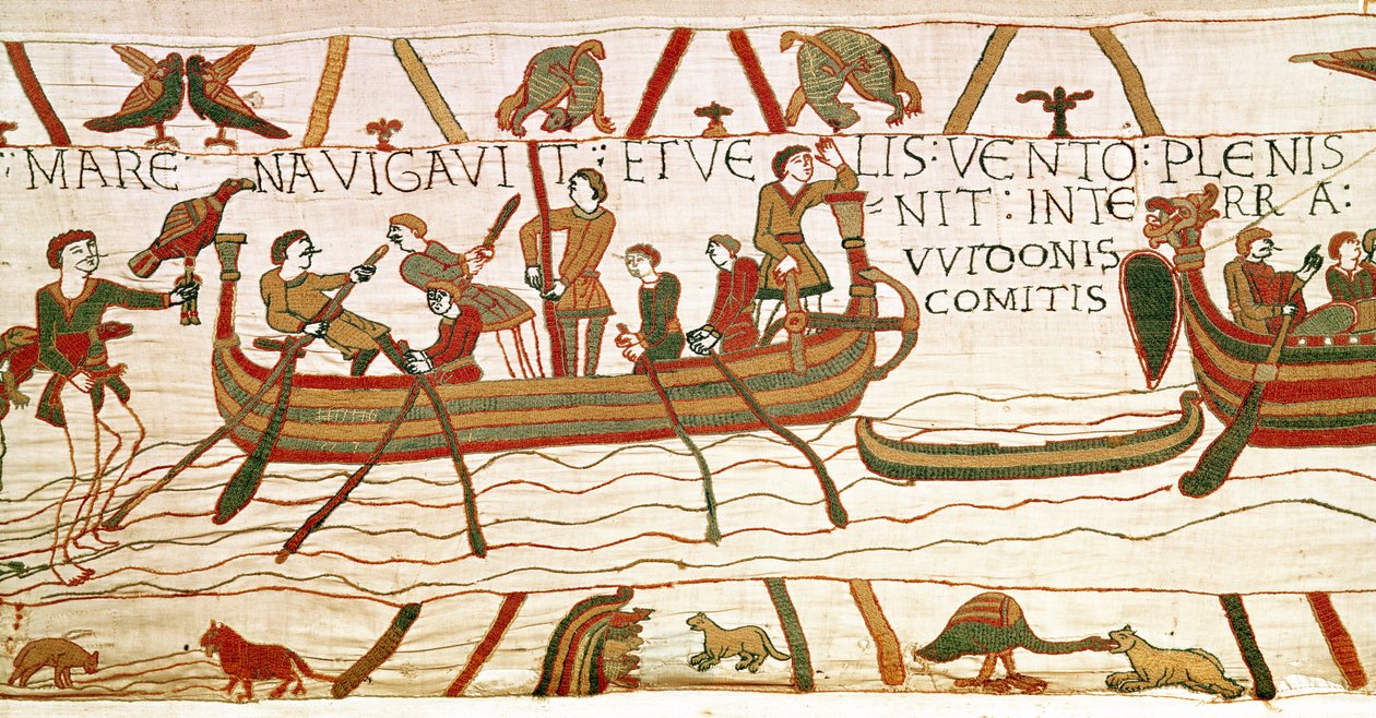 Harold překročí kanál na území hraběte Guye z Ponthieu, Bayeux Tapestry od Unbekannt Unbekannt