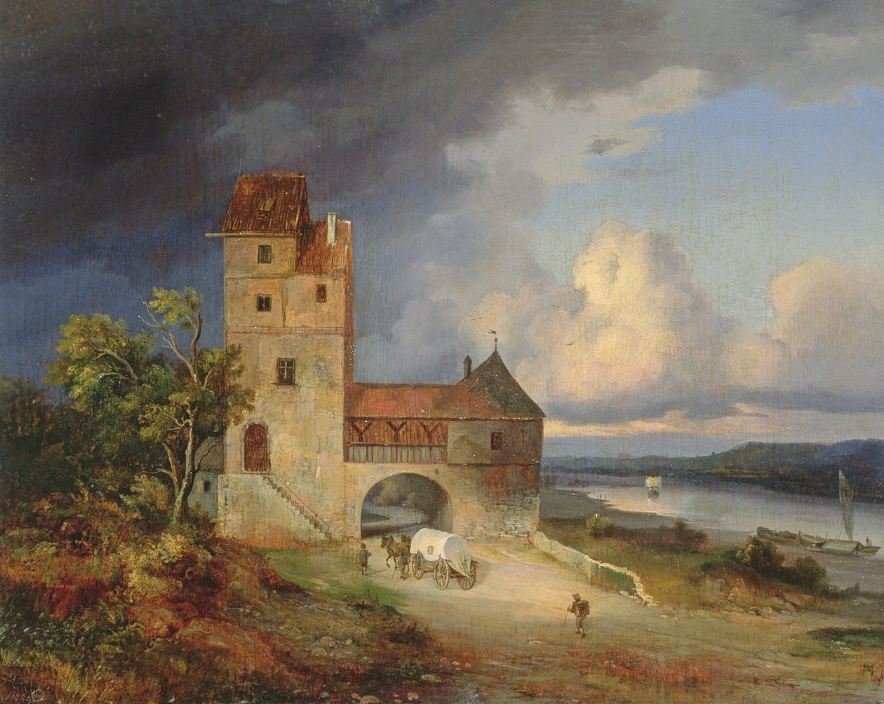 Krajina u řeky s věží a bránou, 1844 od Unbekannt Unbekannt