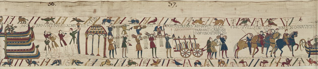 Normané nesoucí zbraně na lodě a táhnoucí vozík naložený vínem a zbraněmi, Bayeux Tapestry od Unbekannt Unbekannt