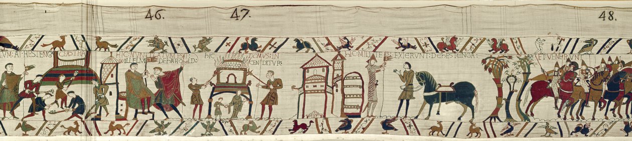 Normané staví opevnění v Hastings a když slyší zprávy o Haroldovi, vydávají se do bitvy, Bayeux Tapestry od Unbekannt Unbekannt