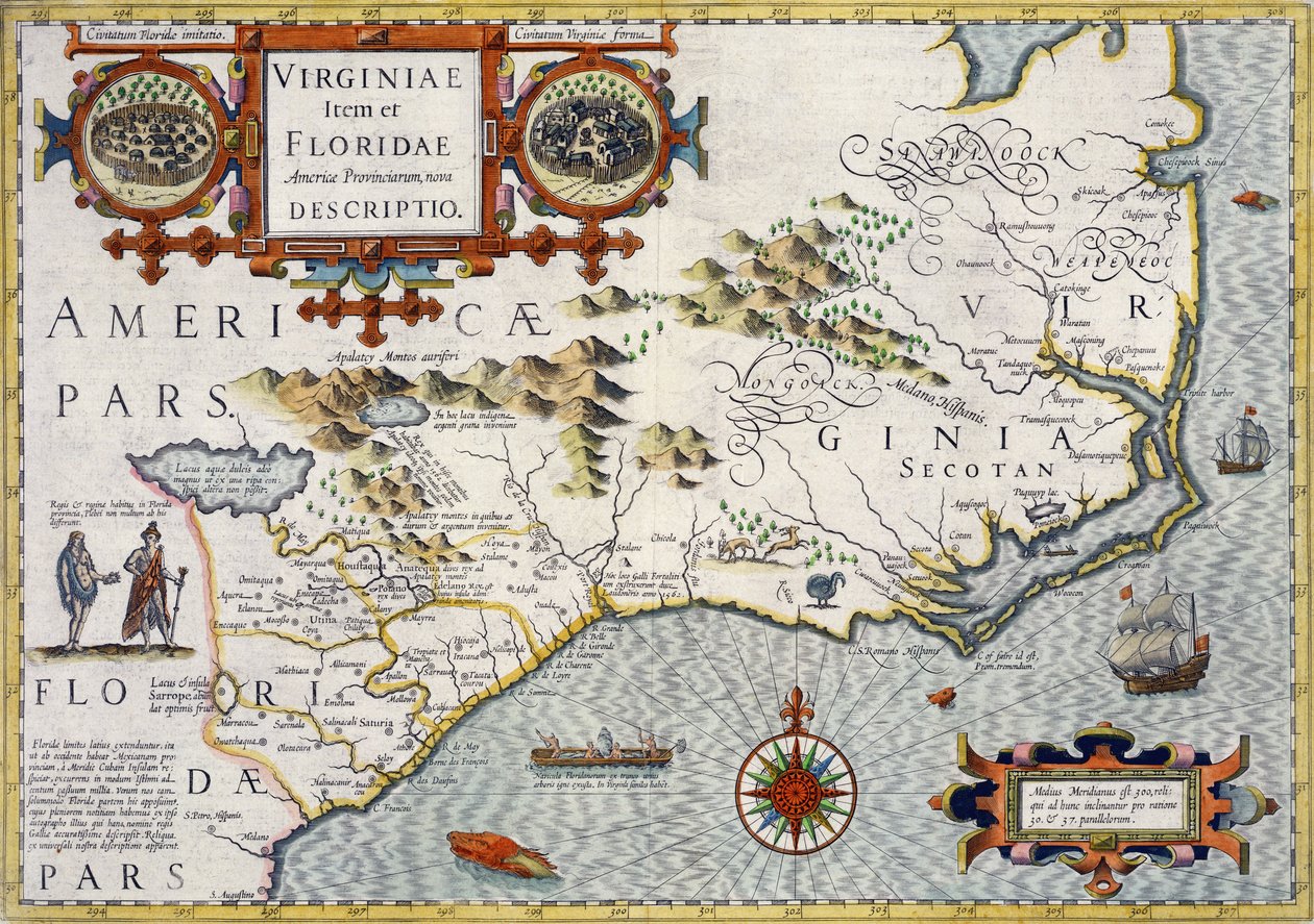 Severní Karolína, s názvem "Virginiae item et Floridae" z Mercator "Atlas..." z roku 1606, hospoda. od Jodoca Hondia, 1619 od Unbekannt Unbekannt