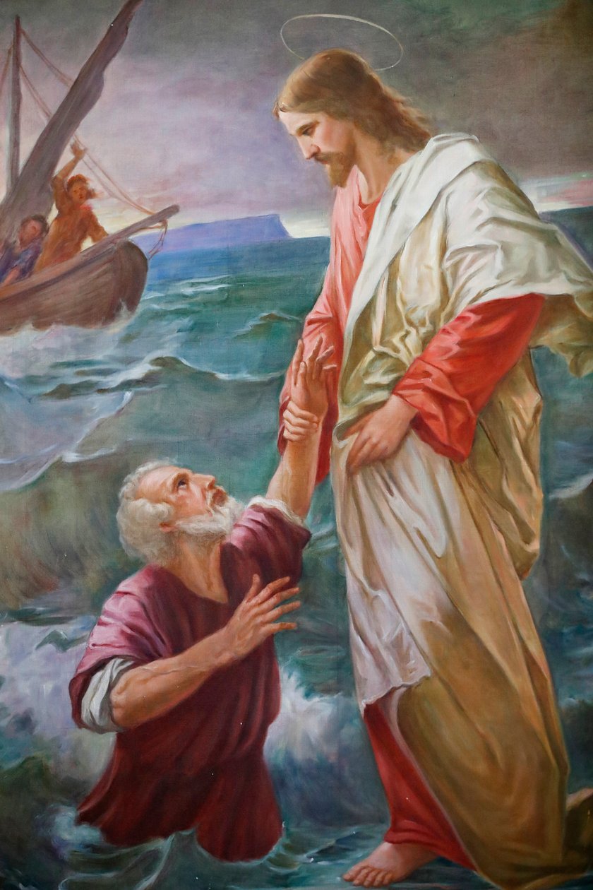 Kostel Saint-Grat, Malba, Petr šel po vodě směrem k Ježíši, ale dostal strach a začal se potápět a Ježíš ho zachránil, Valgrisenche, Itálie od Unbekannt Unbekannt