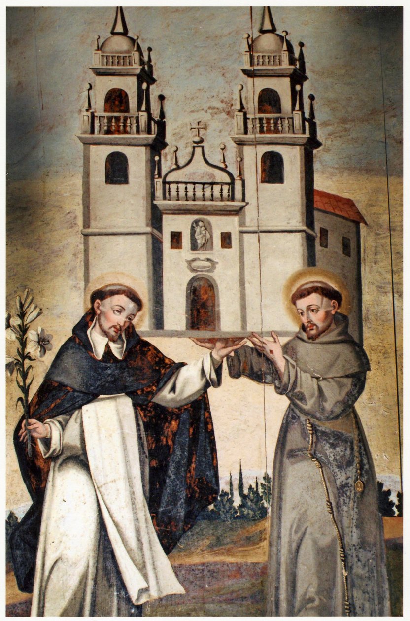 Sv. Dominik a sv. František drží miniaturní model kostela v As Ermidas od Unbekannt Unbekannt