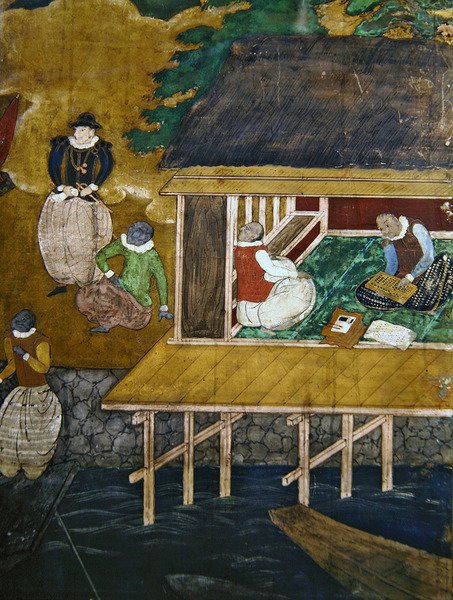 Příjezd Portugalců do Japonska, detail domu na kůlech, z obrazovky Namban Byobu, 1594-1618 od Unbekannt Unbekannt