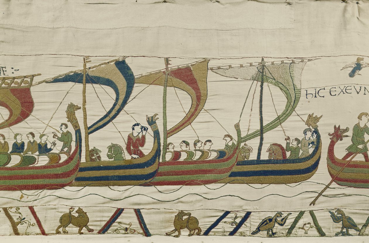 Normanská invazní flotila překračuje kanál Bayeux Tapestry od Unbekannt Unbekannt