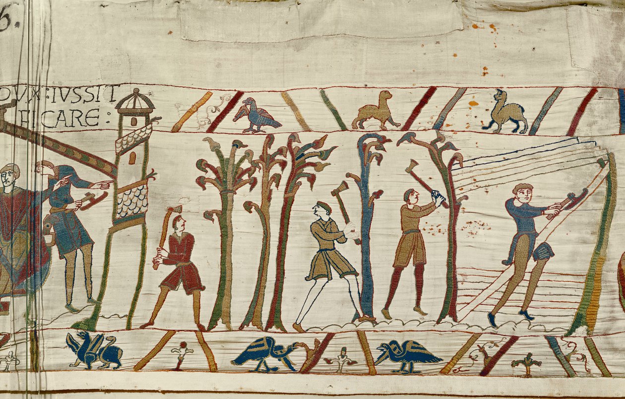 Kácejí se stromy, aby se stavěly lodě pro Normanskou flotilu Bayeux Tapestry od Unbekannt Unbekannt