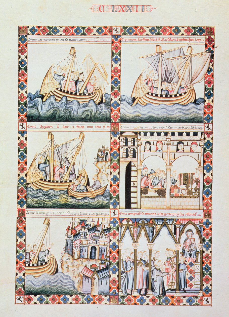 102-0625868/1 A Journey to Acre, ilustrace ke Cantiga 172, jedné ze 420 hudebních skladeb vyprávějících zázraky Panny Marie, napsané v galicijštině pro Alfonse X 