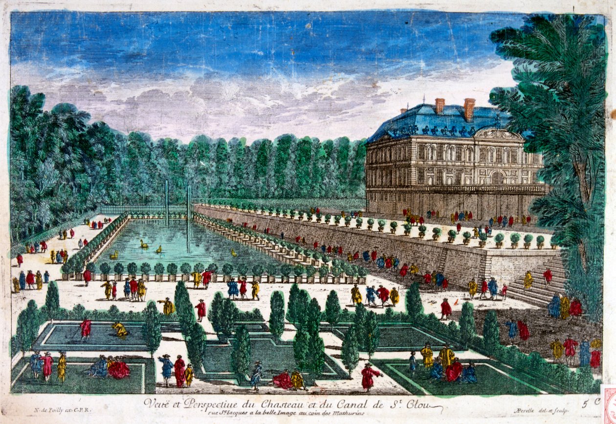 18. století, Ilustrace, zobrazující zámek Château de Saint-Cloud, palác ve Francii, v Saint-Cloud v Hauts-de-Seine, západně od Paříže. Zámek byl v 17. století rozšířen Filipem Francouzským, vévodou orleánským, a nakonec jej rozšířila Marie Antoinetová. od Unbekannter Künstler