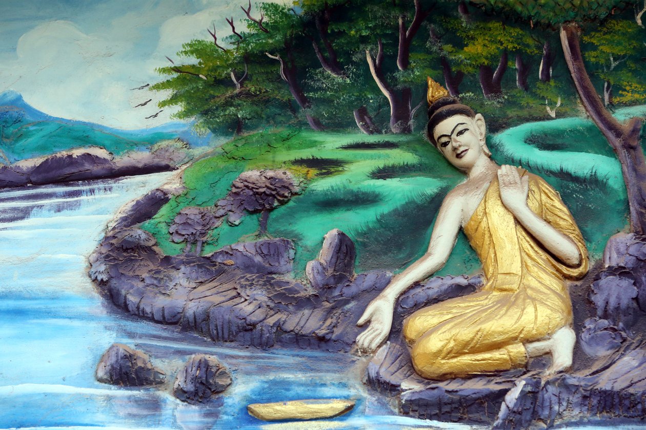 20151029, Vientiane, Laos: buddhistický chrám Wat Inpeng. Obraz zobrazující životní příběh Buddhy Šákjamuniho. Koupání v řece od Unbekannt