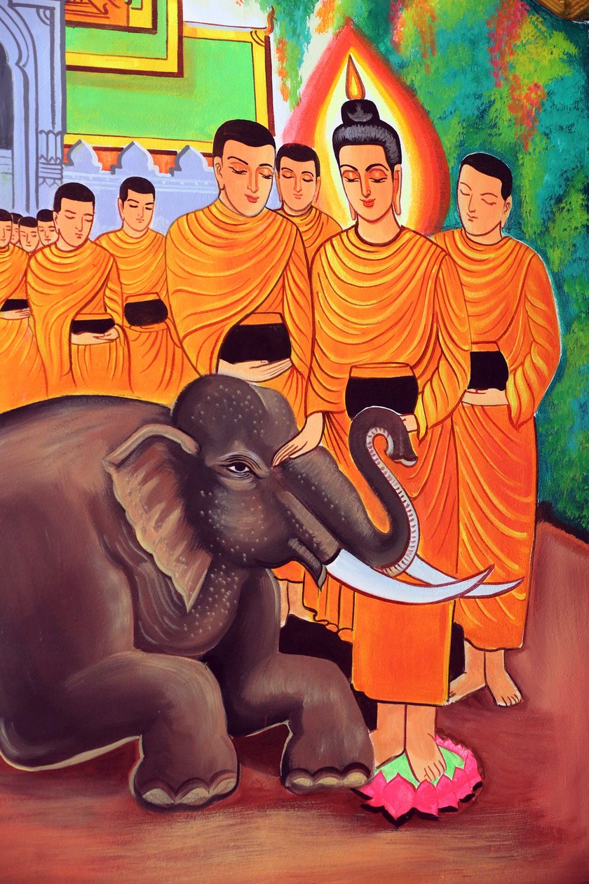 20151029, Vientiane, Laos: buddhistický chrám Wat Si Muang (Simuong). Obraz zobrazující životní příběh Buddhy Šákjamuniho. Divoký slon zkrocený milující laskavostí od Unbekannt