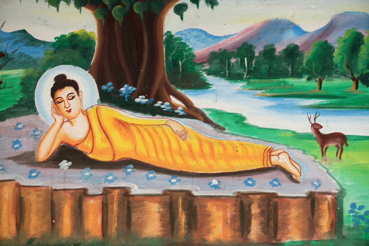 20151102, Vang Vieng, Laos: Obraz zobrazující životní příběh Buddhy Šákjamuniho. Ležící Buddha od Unbekannt
