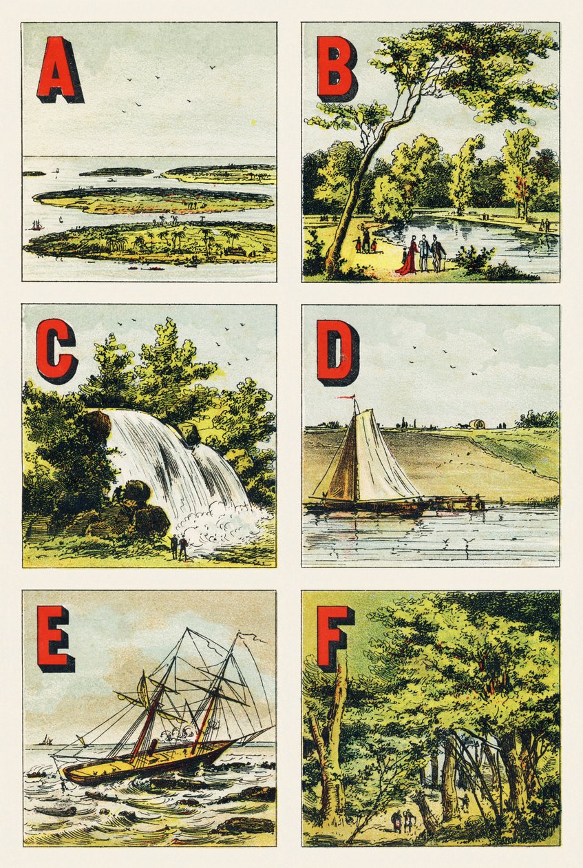 A B C D E F: souostroví, Bois de Boulogne, vodopád, hráz, útes, les Fontainebleau - rytina extrahovaná ze zeměpisné abecedy. Guerin-Muller et Cie, nakladatelství, Paříž od Unbekannt