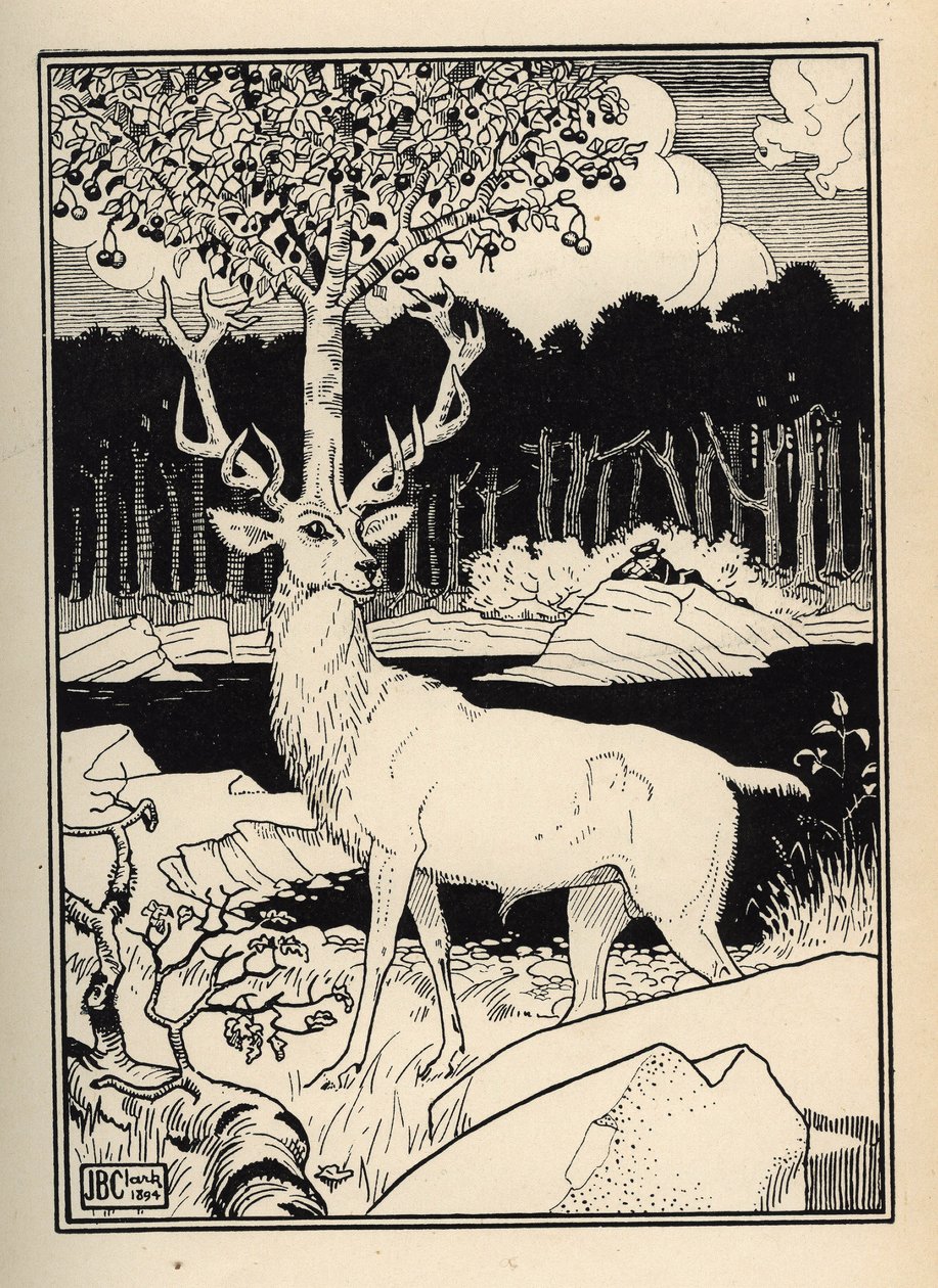 Třešeň na hlavě jelena, které se dotkly kameny třešňových kopí od barona de Munchausen Ilustrace William Strang (1859-1921) a JB Clark převzat z „Dobrodružství barona z Munchausenu (Munchhausen) od Rudolfa Ericha Raspeho (1736- od Unbekannt