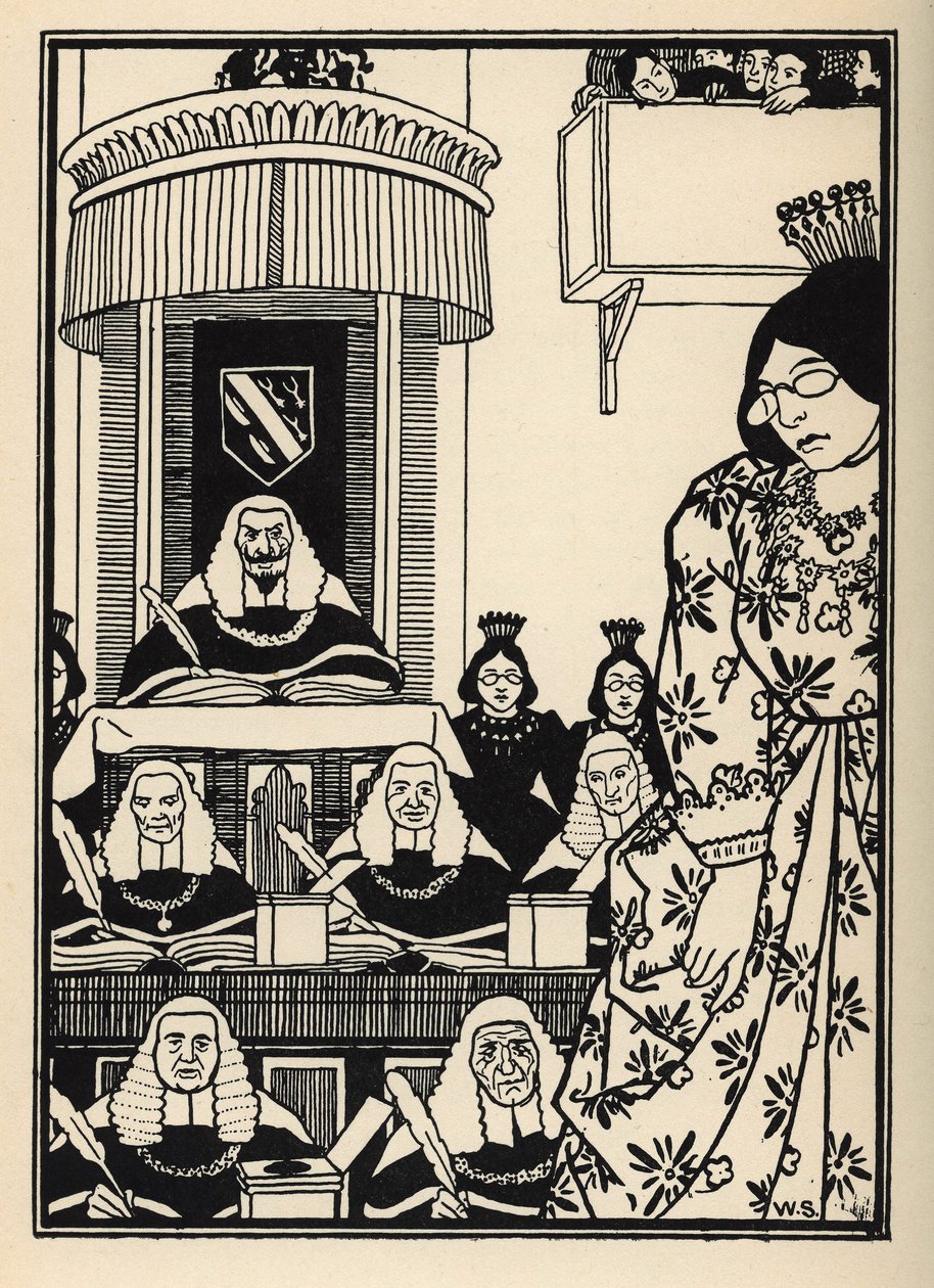 Dvůr převážně ženský se baronovi jeví jako ironie hodná zmínky mezi jeho dobrodružstvími. Ilustrace Williama Stranga (1859-1921) a JB Clarka z „Dobrodružství barona z Munchausenu (Munchhausen) od Rudolfa Ericha Raspeho (1736-1794) (1789) od Unbekannt